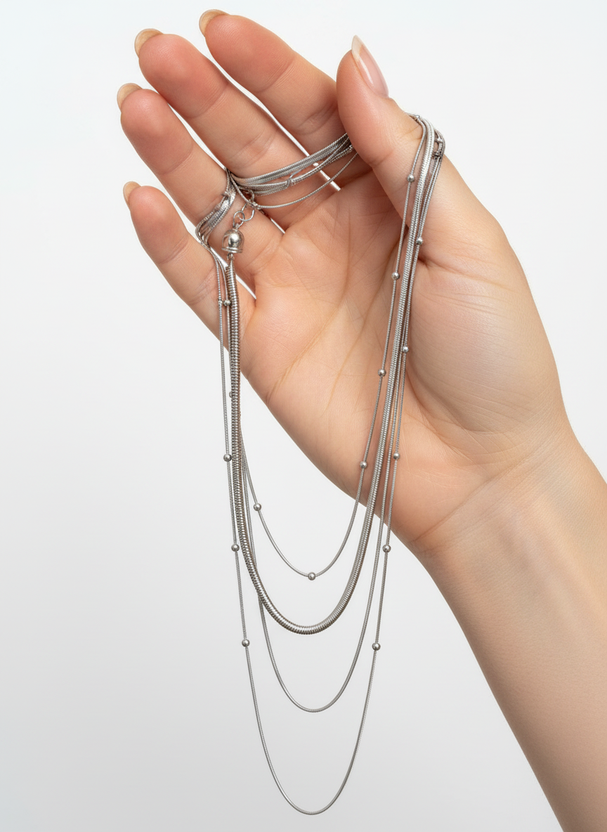 Mão segurando colar de correntes prateadas