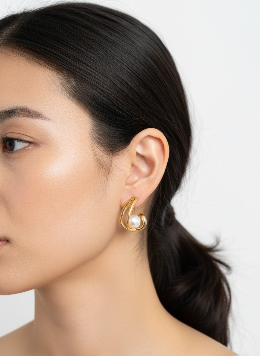 Mulher asiática usando brincos de argola com pérola