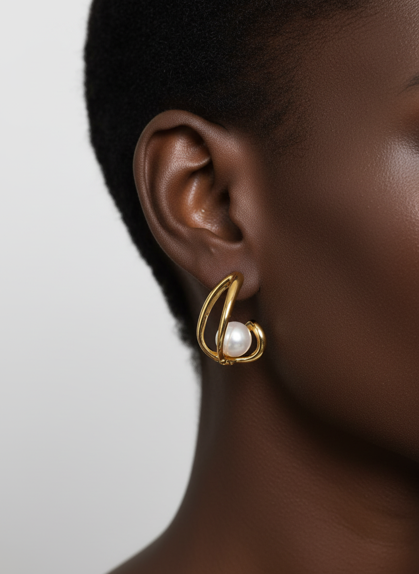 Mulher negra usando brincos de argola com pérola